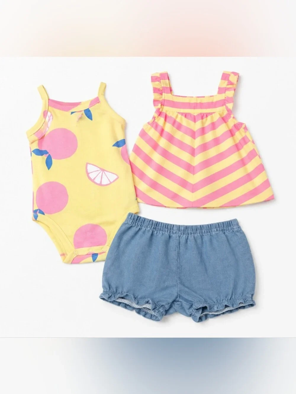Girls Yellow & Pink Lemon Print Tank, Striped Top and Blue Shorts Set | 3M
